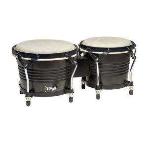 Stagg BW-200-BK Black Latin Wood Bongos - 7.5” and 6.5” - Rabbit Skin Head - Steel Rims and Bottoms